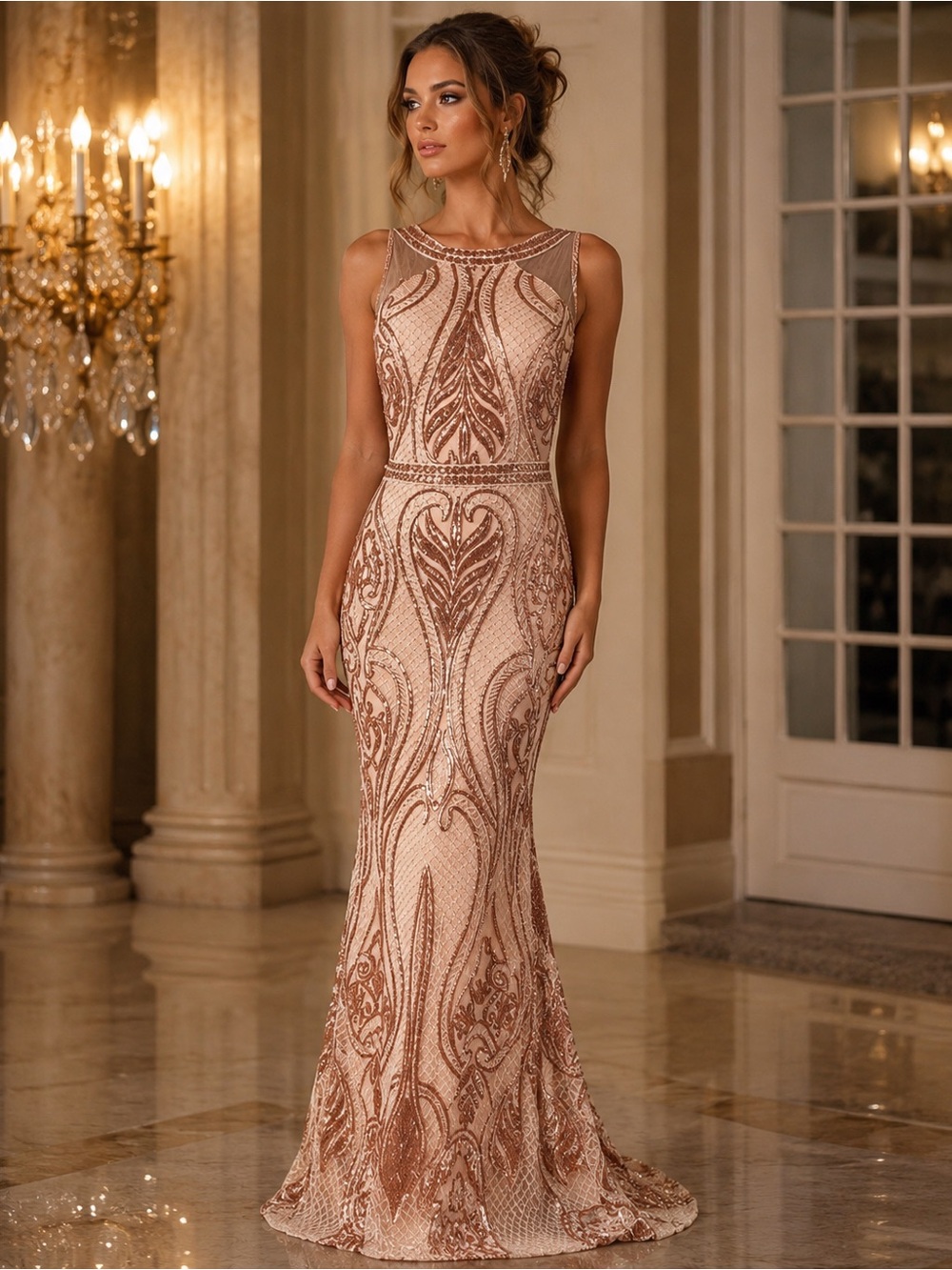 ED Young Rose Gold Sequin Mermaid Gown M Mardi Gras Ball Open Back Prom Gatsby